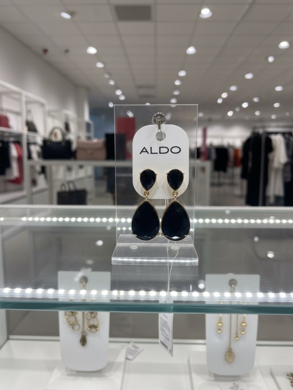 Aldo Gold Tone Black Faceted Stone Double Teardrop Dangle Earrings